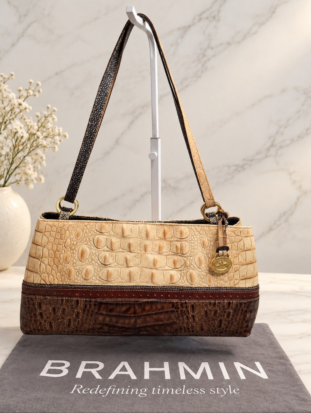 Brahmin Tri-Tone Vintage Croc Embossed Leather Shoulder Bag